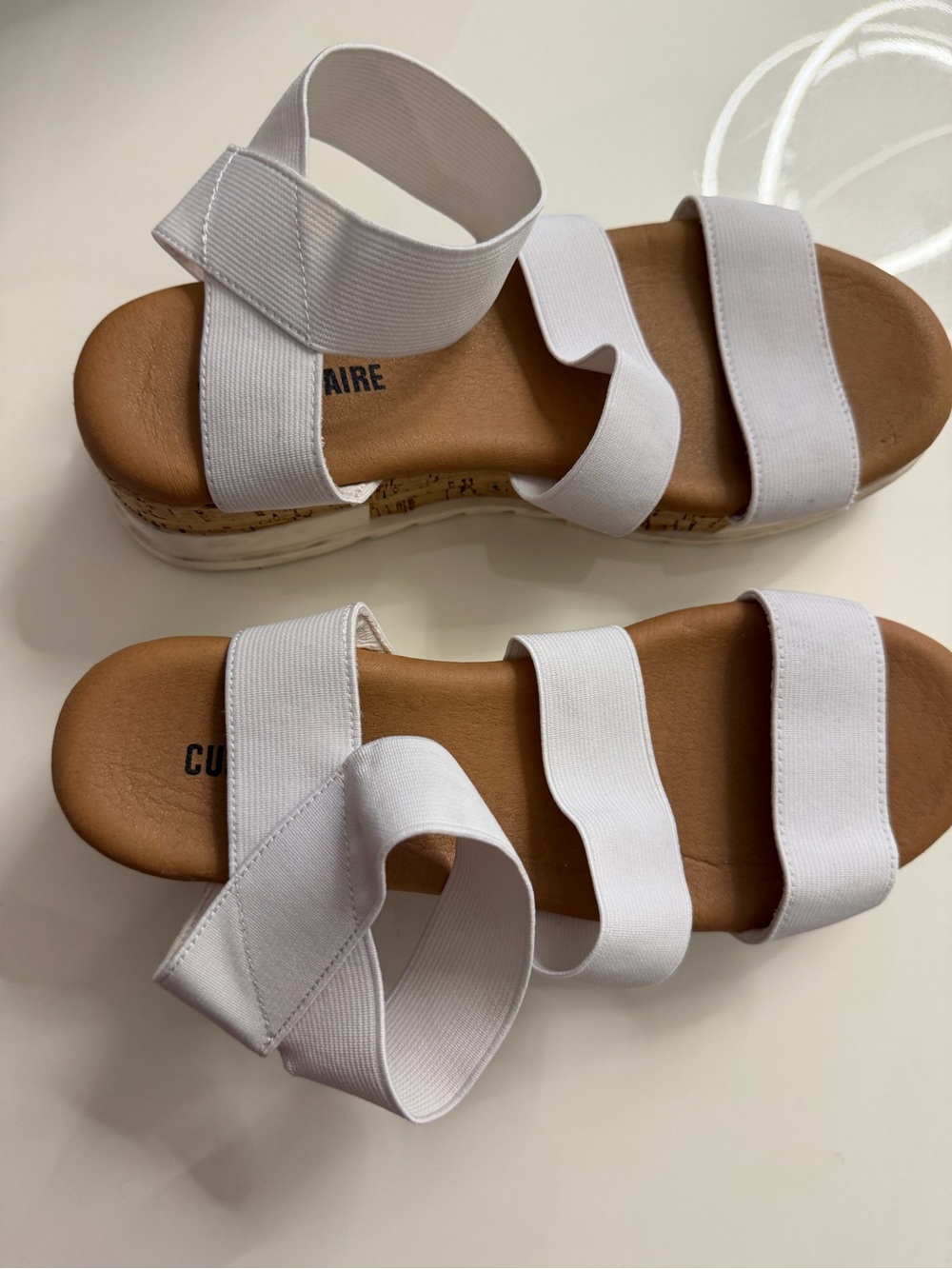 White Elastic Strap Platform Sandals with Cork-Effect Sole size 7 1/2